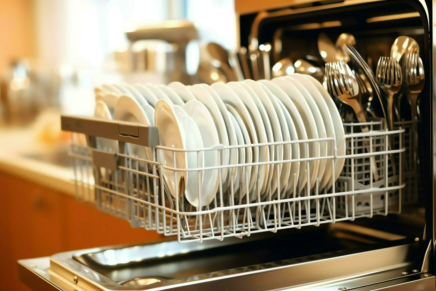 Opened dishwasher machine in kitchen room with dirty plates or clean dishes after washing inside concept by AI Generated photo
