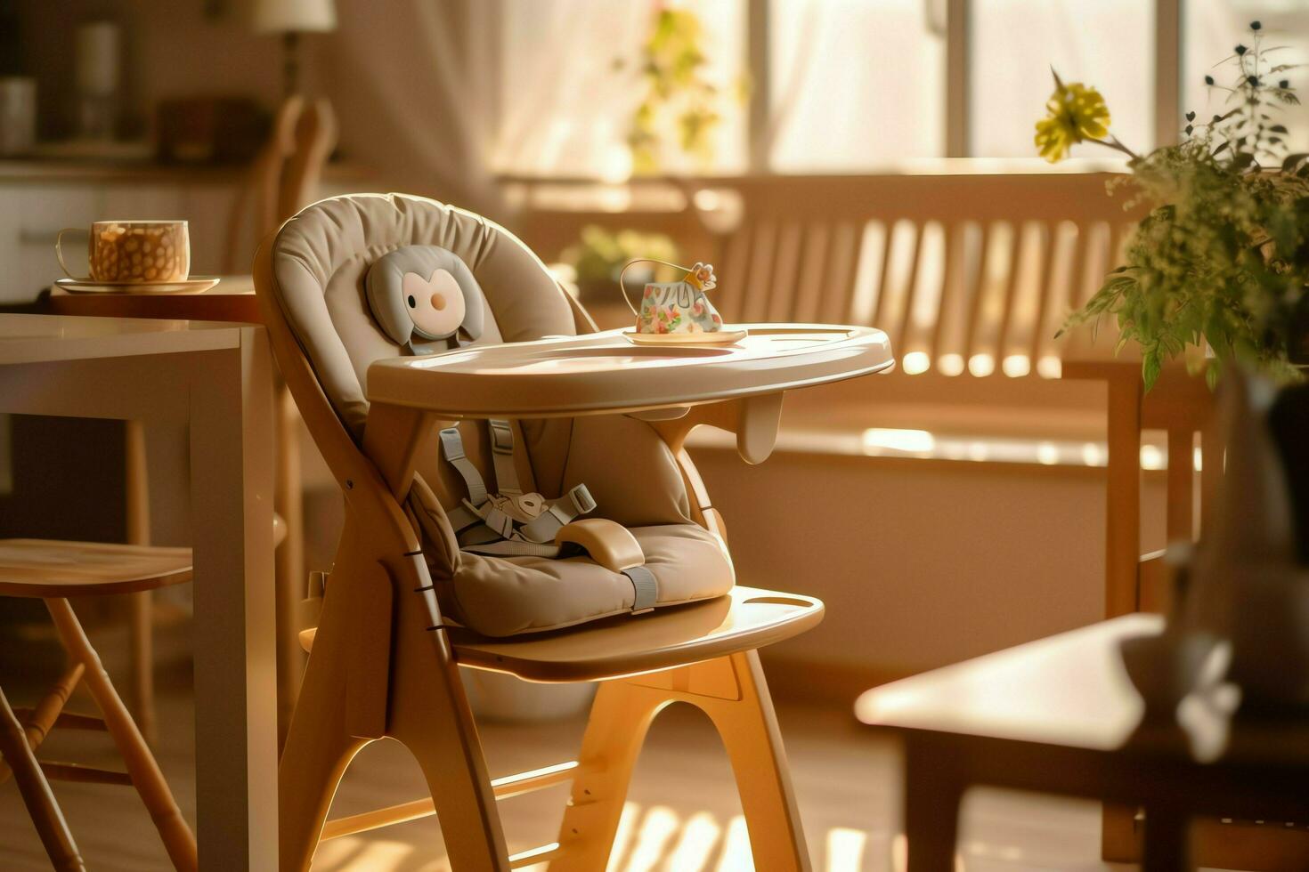 Conventional baby feeding chair in the dining table at home or kitchen. Child high chair furniture concept by AI Generated photo