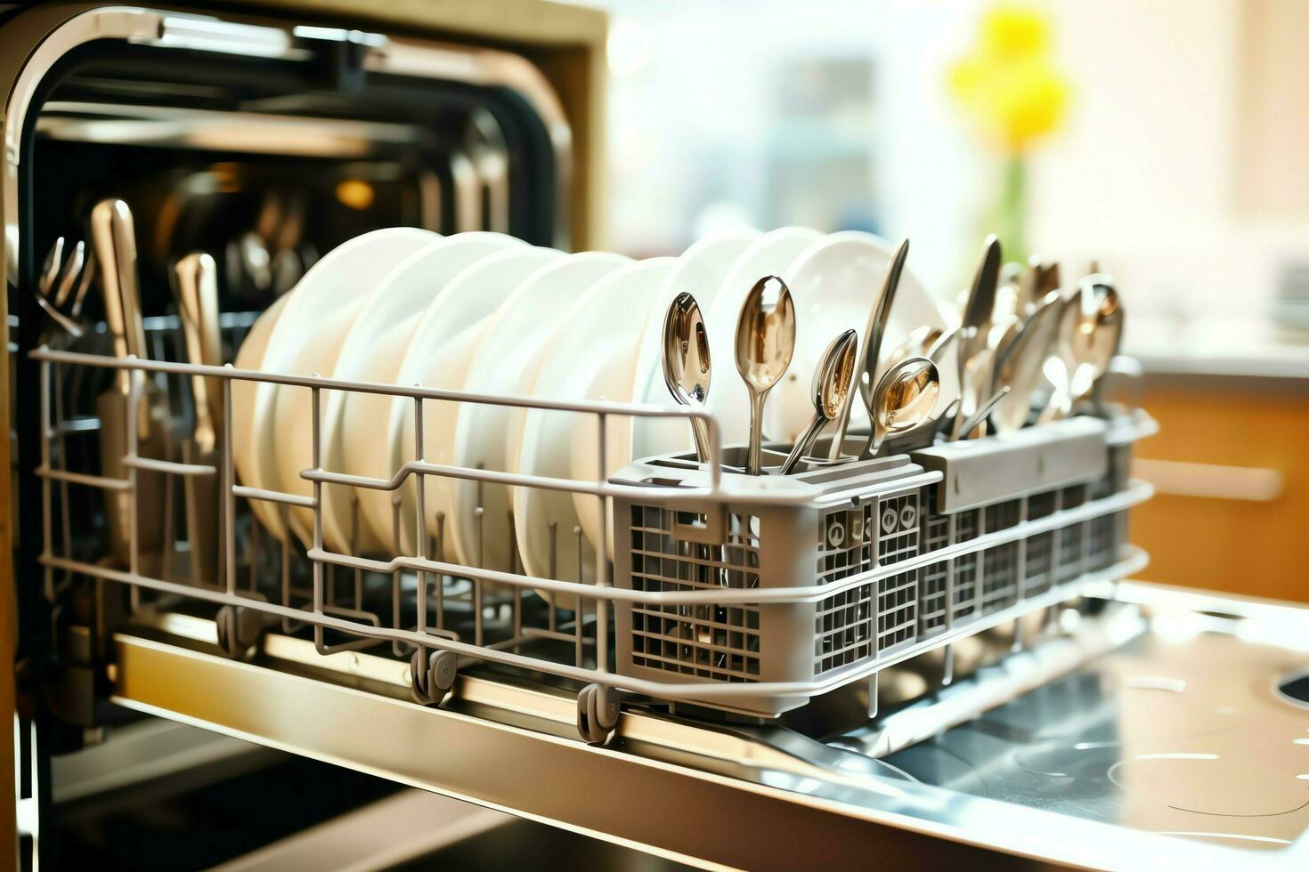 Opened dishwasher machine in kitchen room with dirty plates or clean dishes after washing inside concept by AI Generated photo