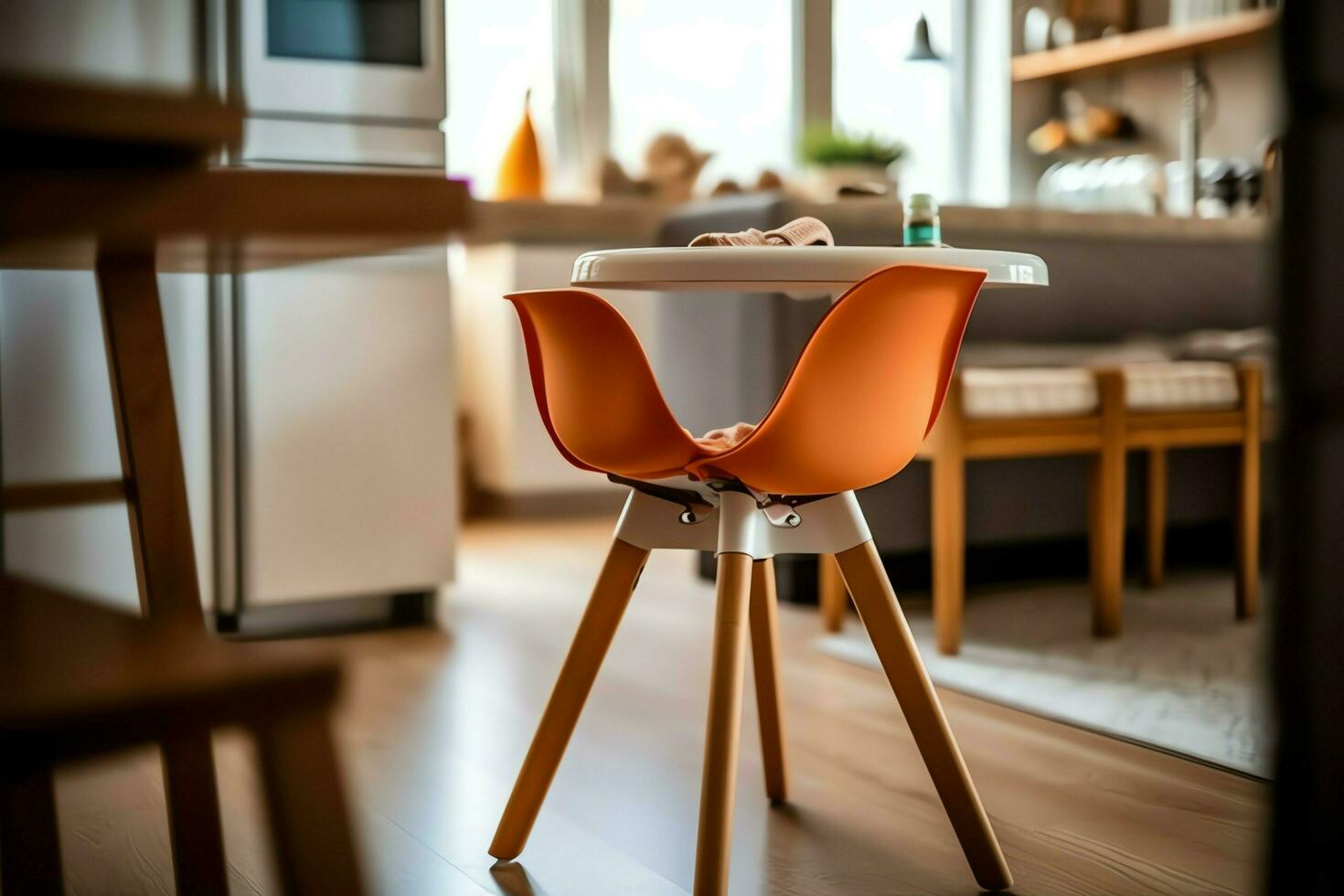 Conventional baby feeding chair in the dining table at home or kitchen. Child high chair furniture concept by AI Generated photo