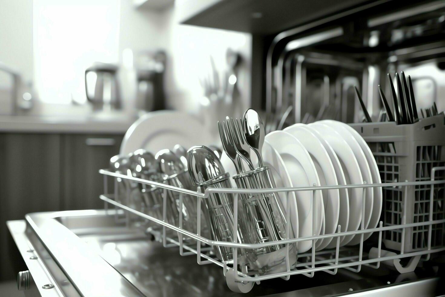 Opened dishwasher machine in kitchen room with dirty plates or clean dishes after washing inside concept by AI Generated photo