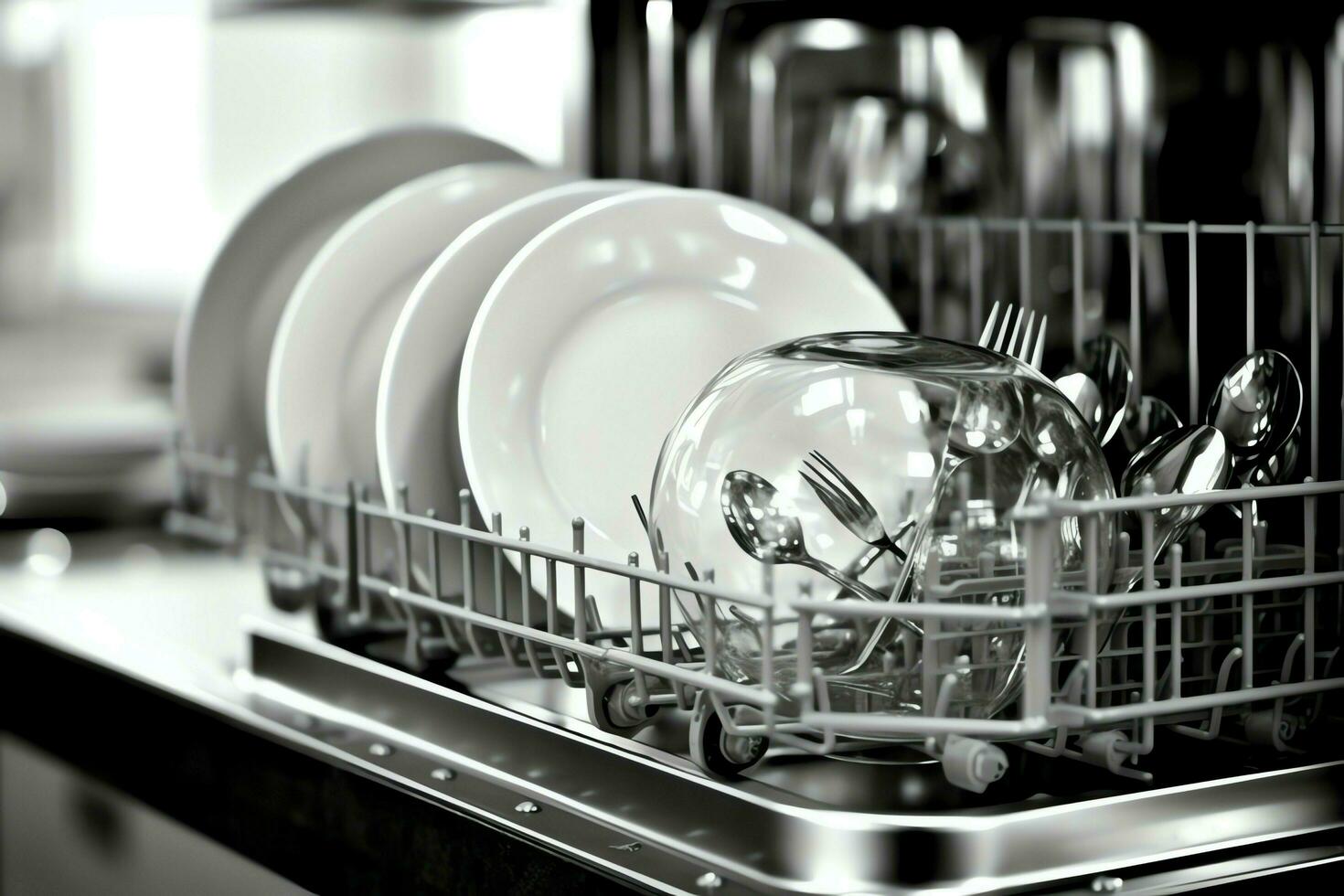 Opened dishwasher machine in kitchen room with dirty plates or clean dishes after washing inside concept by AI Generated photo