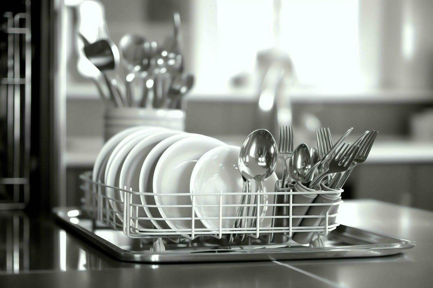 Opened dishwasher machine in kitchen room with dirty plates or clean dishes after washing inside concept by AI Generated photo