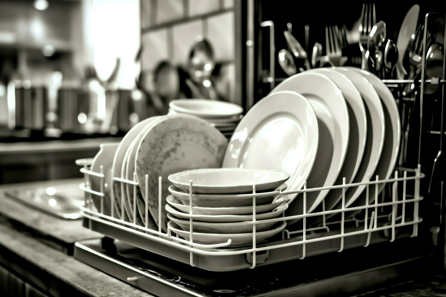 Opened dishwasher machine in kitchen room with dirty plates or clean dishes after washing inside concept by AI Generated photo