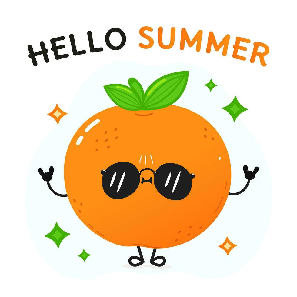 Tangerine fruit character. Hello summer card. Vector hand drawn cartoon kawaii character illustration icon. Isolated on white background mandarin character concept