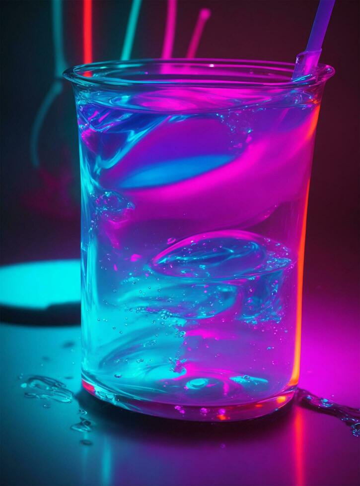 un vaso lleno con líquido con neón luces foto