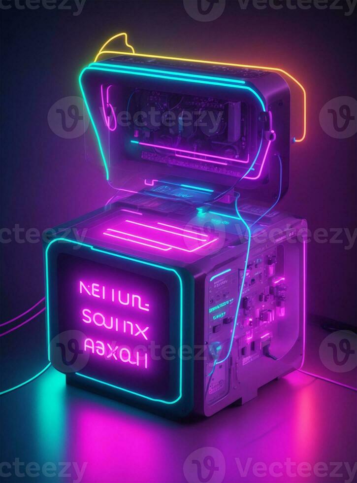 Audio speaker in neon light on a dark background. 3d rendering photo