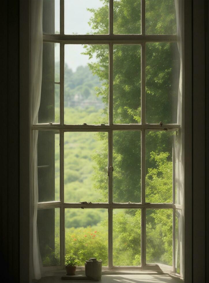 Clásico de madera ventana con verde jardín en el fondo, retro tonificado foto