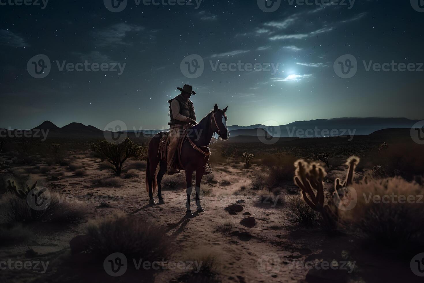 Landscape with Milky Way. Cowboy with his horse. Neural network AI generated photo