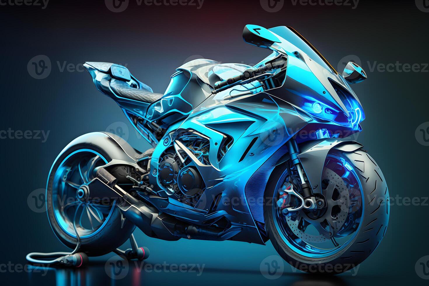 Futuristic custom angled light motorcycle concept with glowing blue tones. Neural network generated art photo