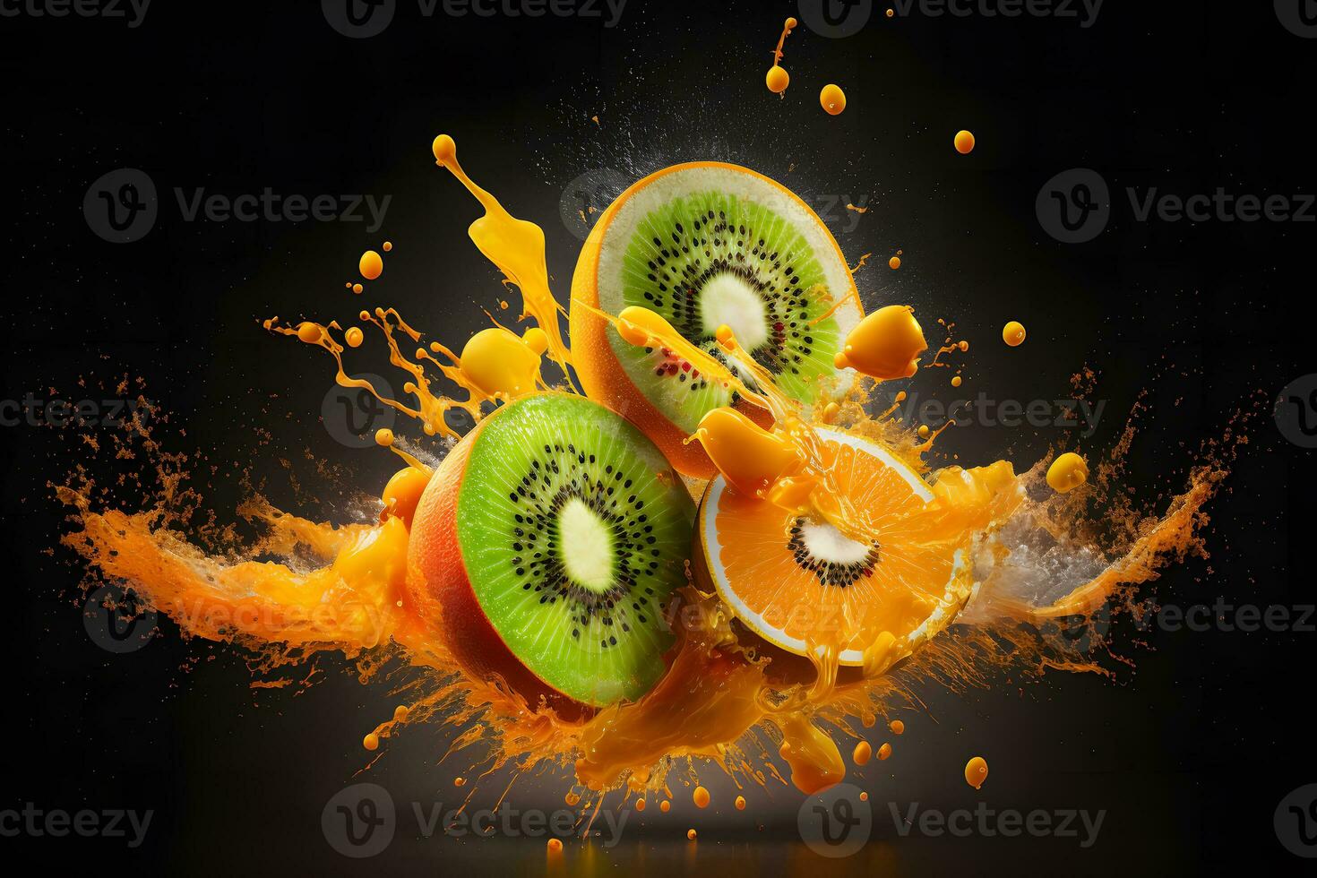 qiwi y naranja explosión chapoteo momento en negro antecedentes. neural red generado Arte foto