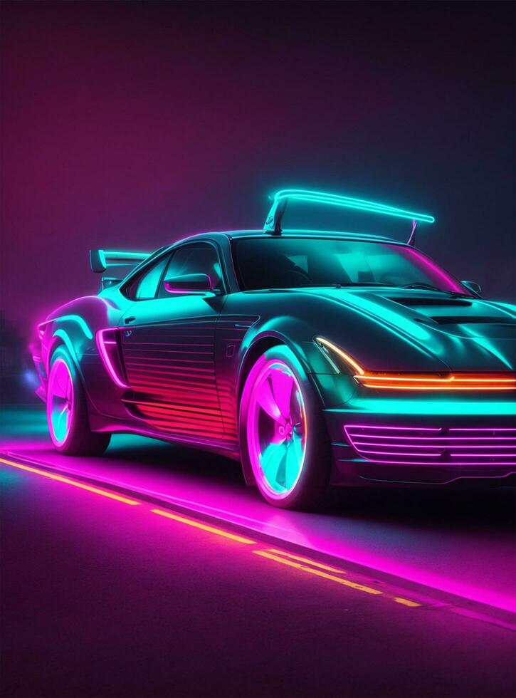 un futurista coche con neón luces en eso foto