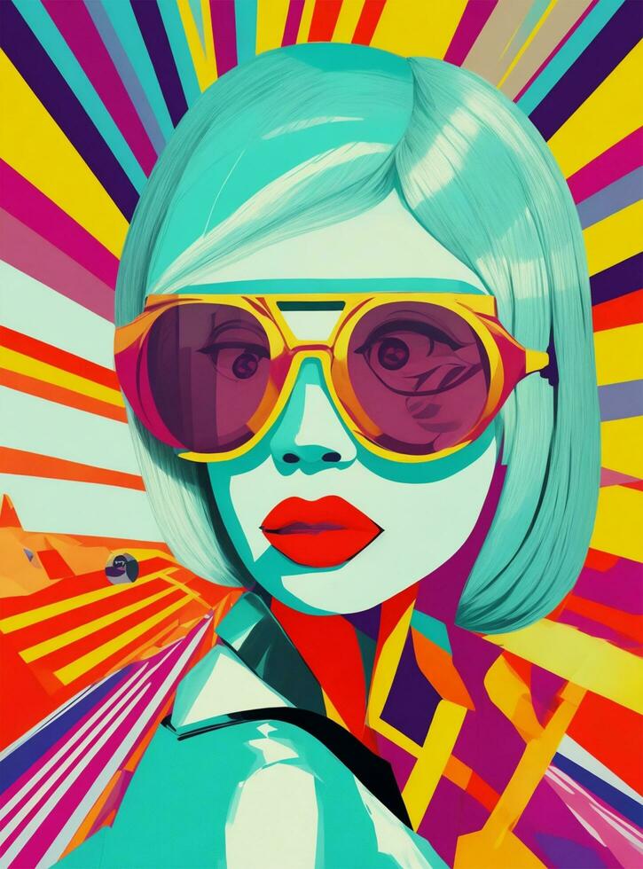 a colorful pop art style painting of a woman wearing sunglasses photo