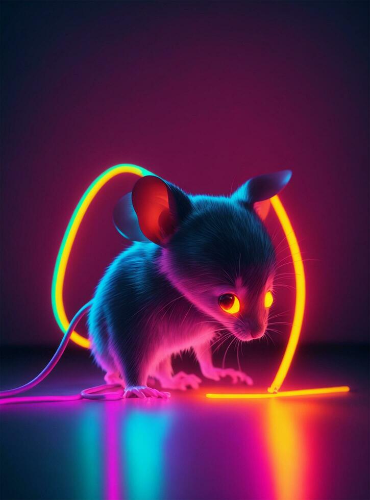 a mouse with glowing eyes and neon lights photo