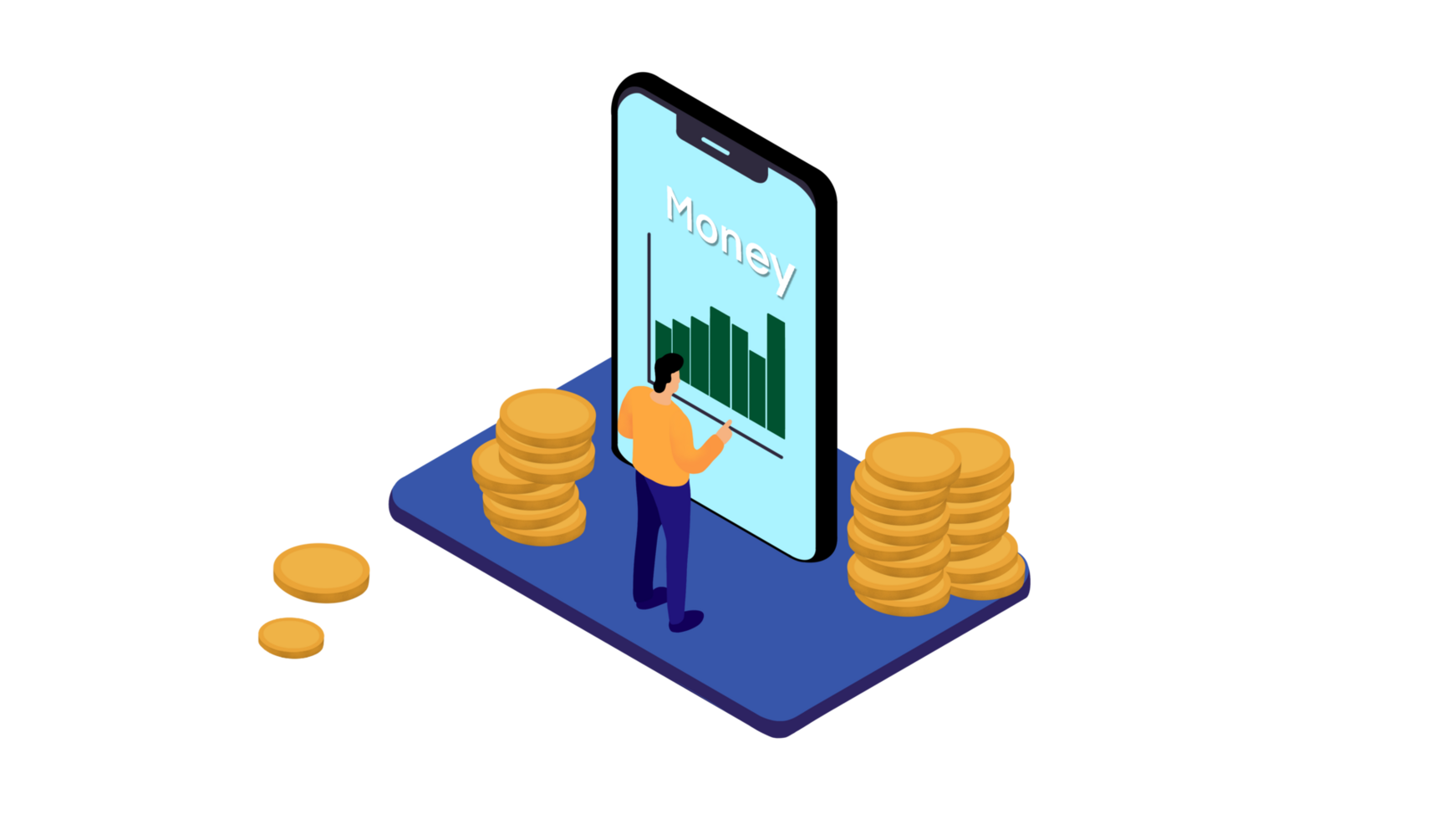 Smartphone dispositivo com dourado moedas, excelente Forma de pagamento método e tecnologia animação, revendo o negócio relatório em Móvel telefone, inteligente telefone com estoque mercado gráfico e gráfico, fazer lucro png