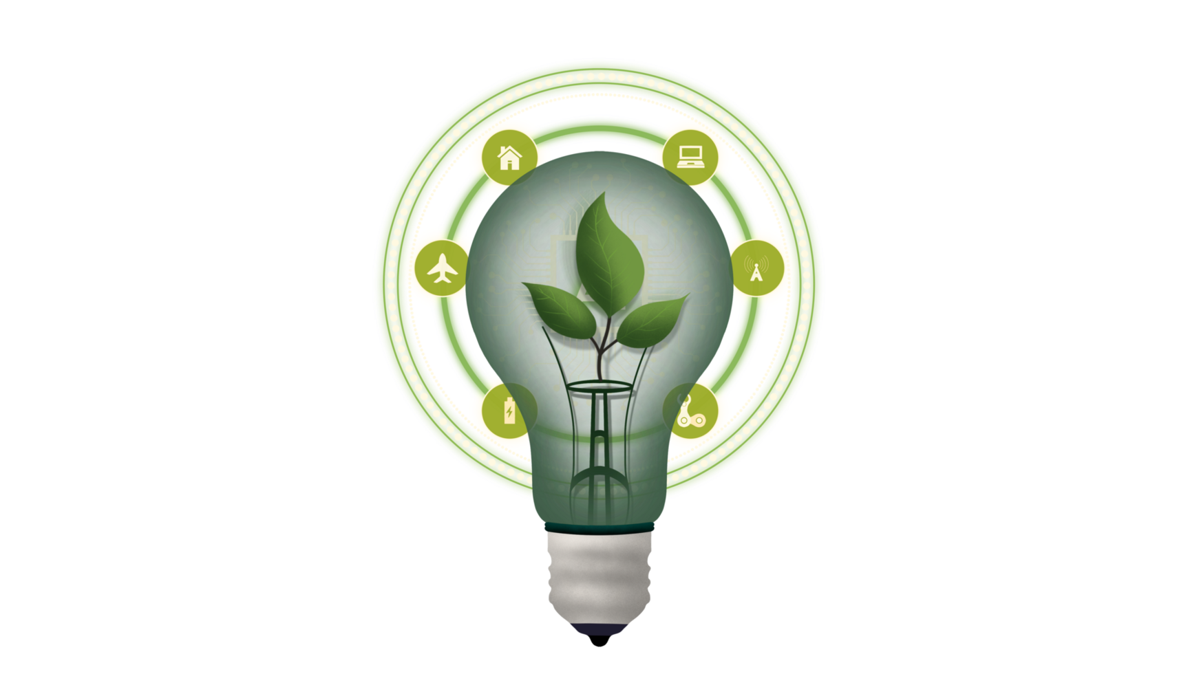 light bulb against nature on green leaf with energy sources, creative thinking digital technology, circuits and technology elements, renewable energy light bulb with green energy png