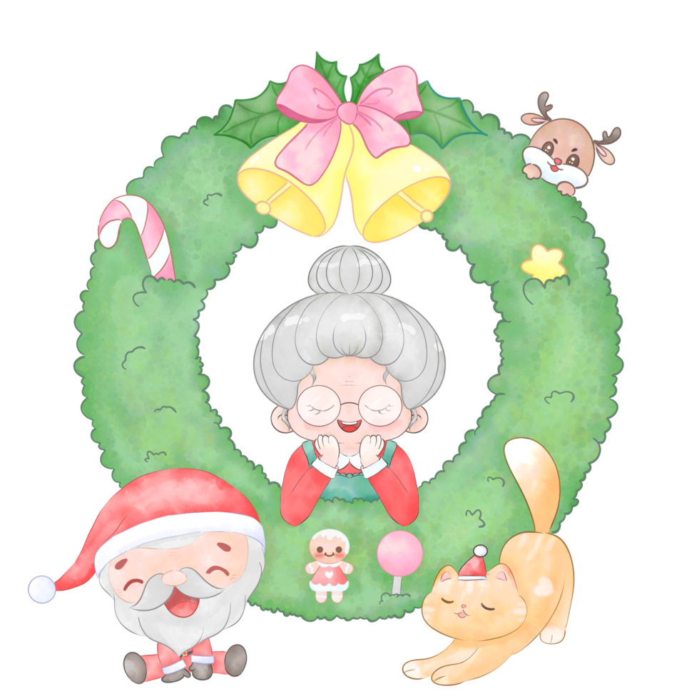 A watercolor Christmas image of Santa Claus and Mrs. Claus with a Christmas wreath. png