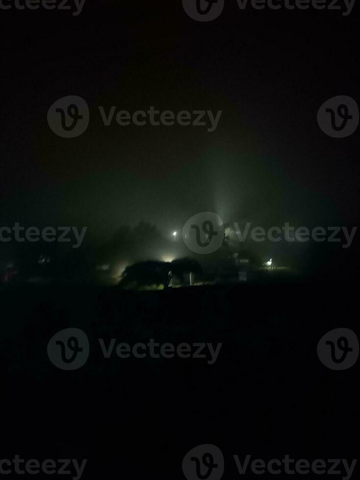 fir trees on meadow between hillsides with conifer forest in fog under the blue sky at night. spooky countryside scenery in full moon light photo