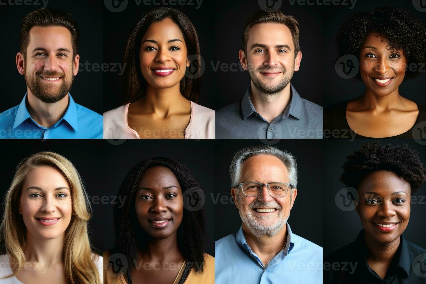 A collage of portraits of ethnically different people. AI generative photo