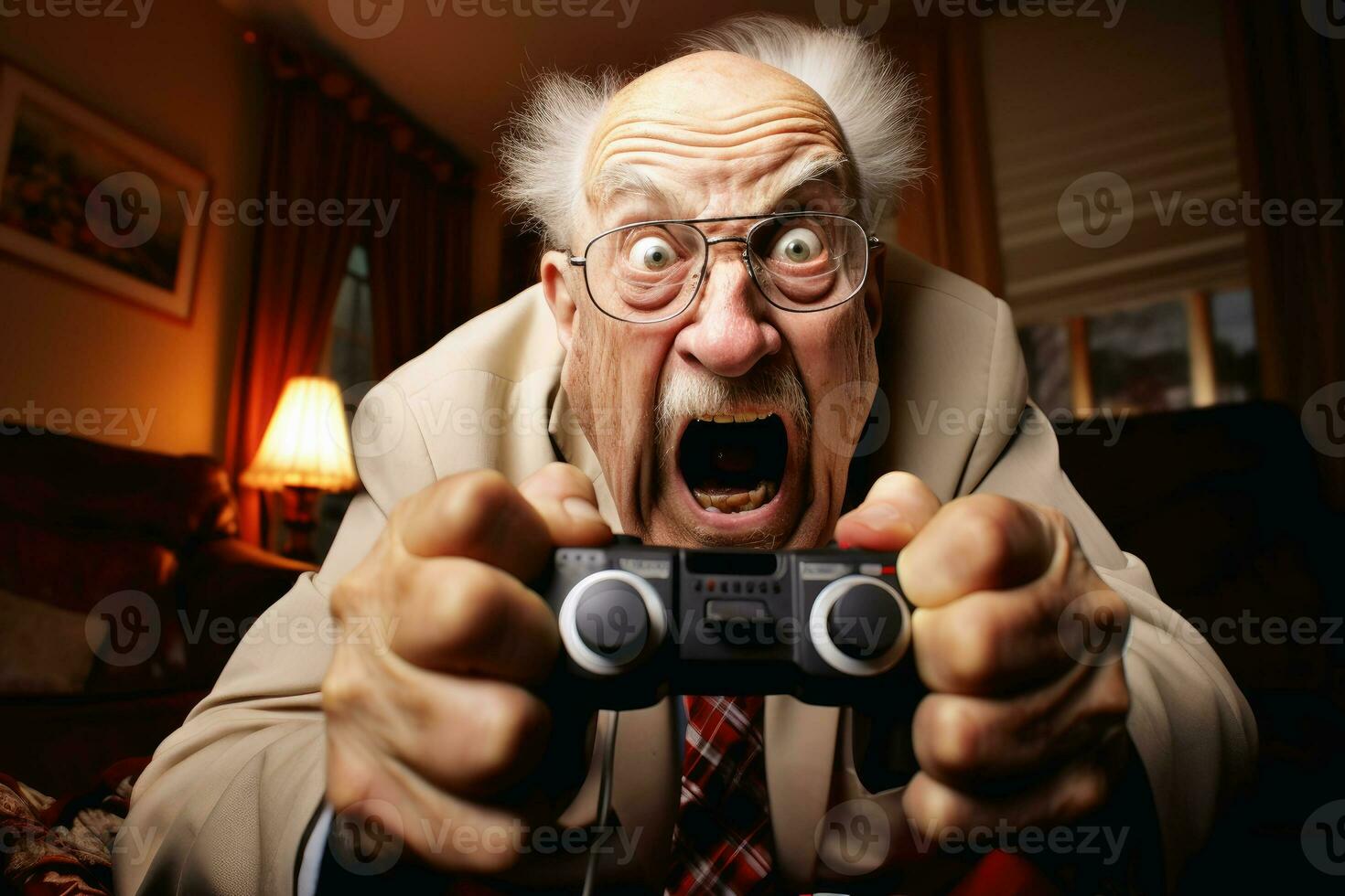 An elderly pc gamer winning a game. AI generative photo