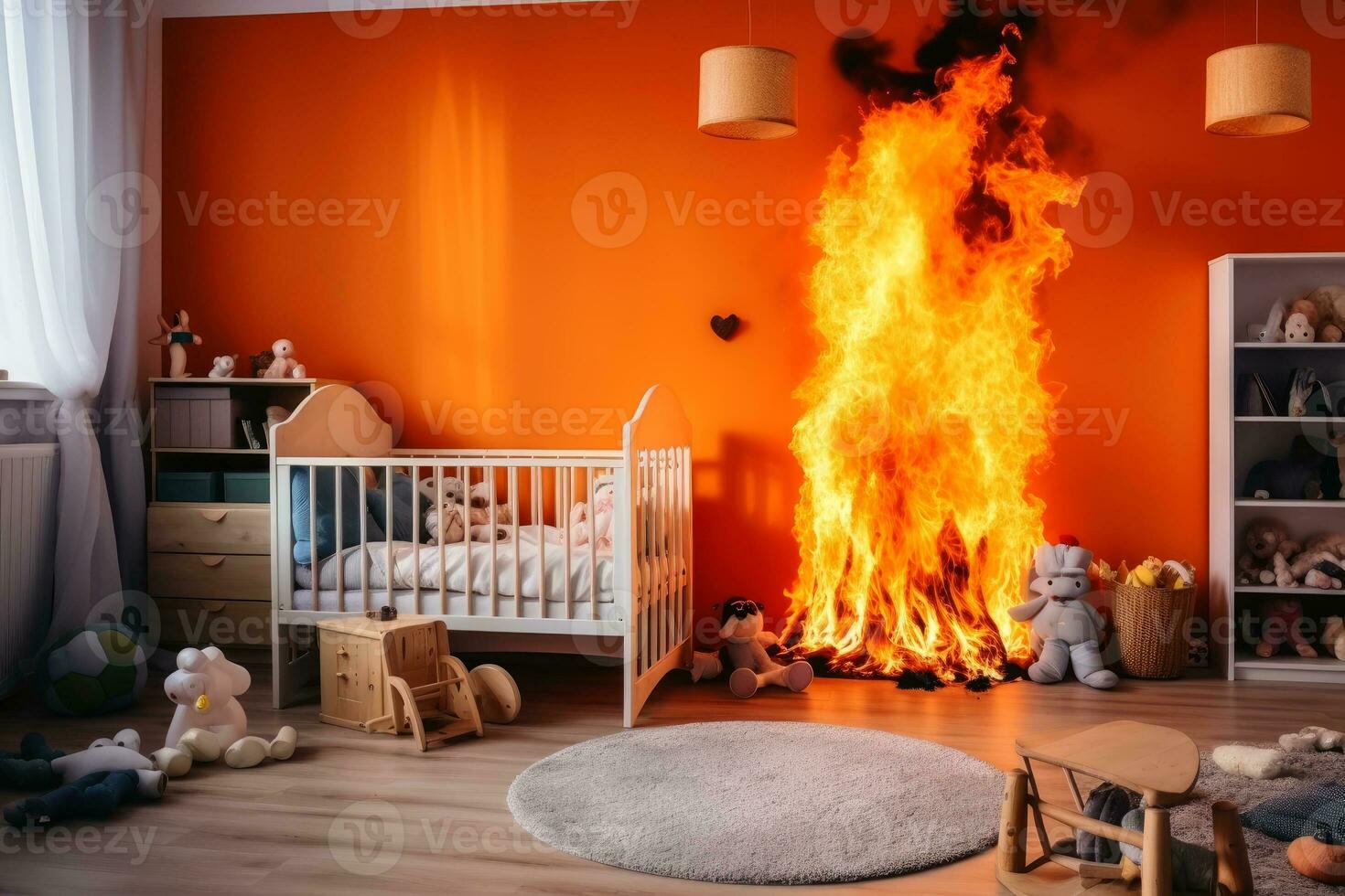 A spreading fire in a childs room.AI generative photo