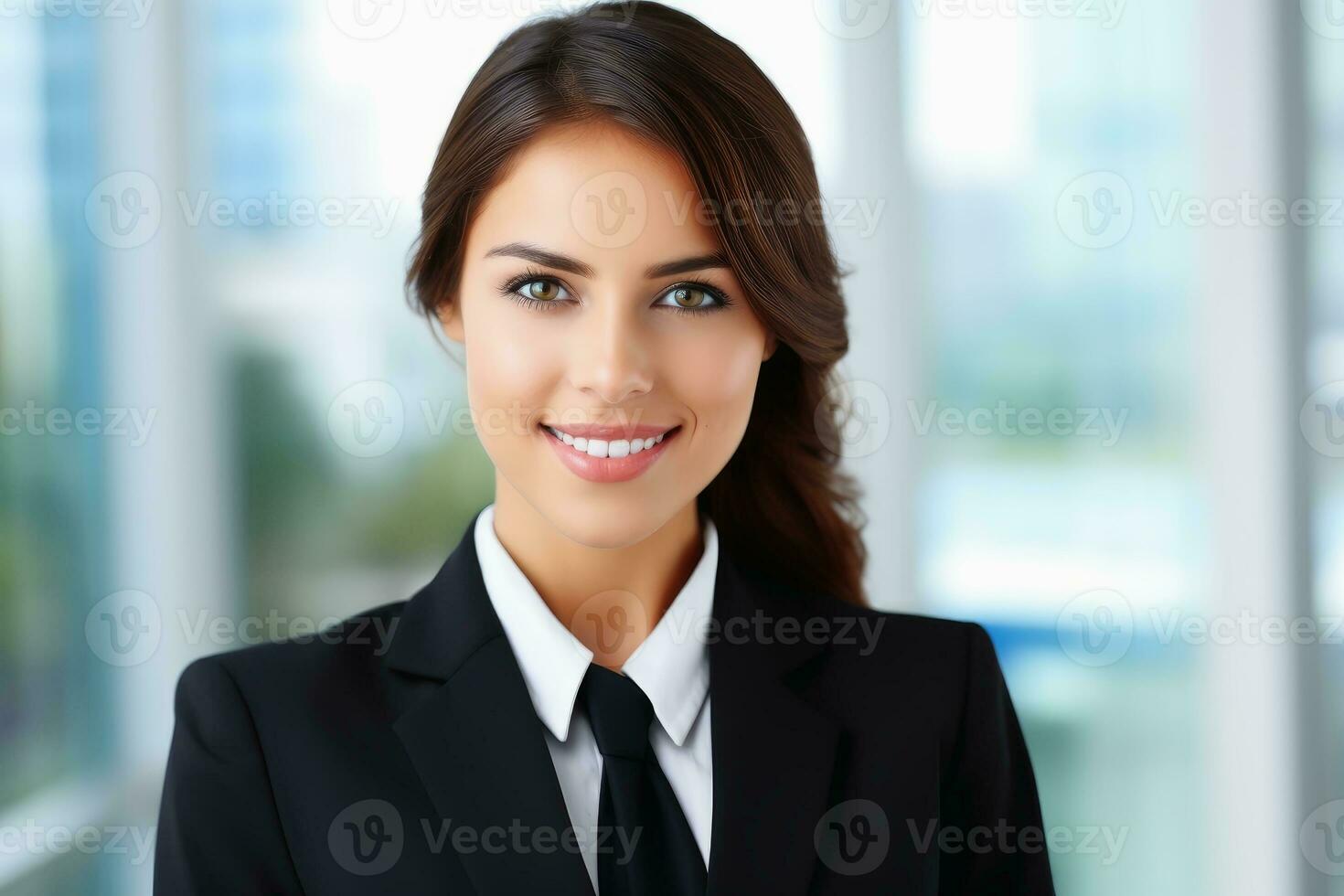 A confident business woman with an office background.AI generative photo