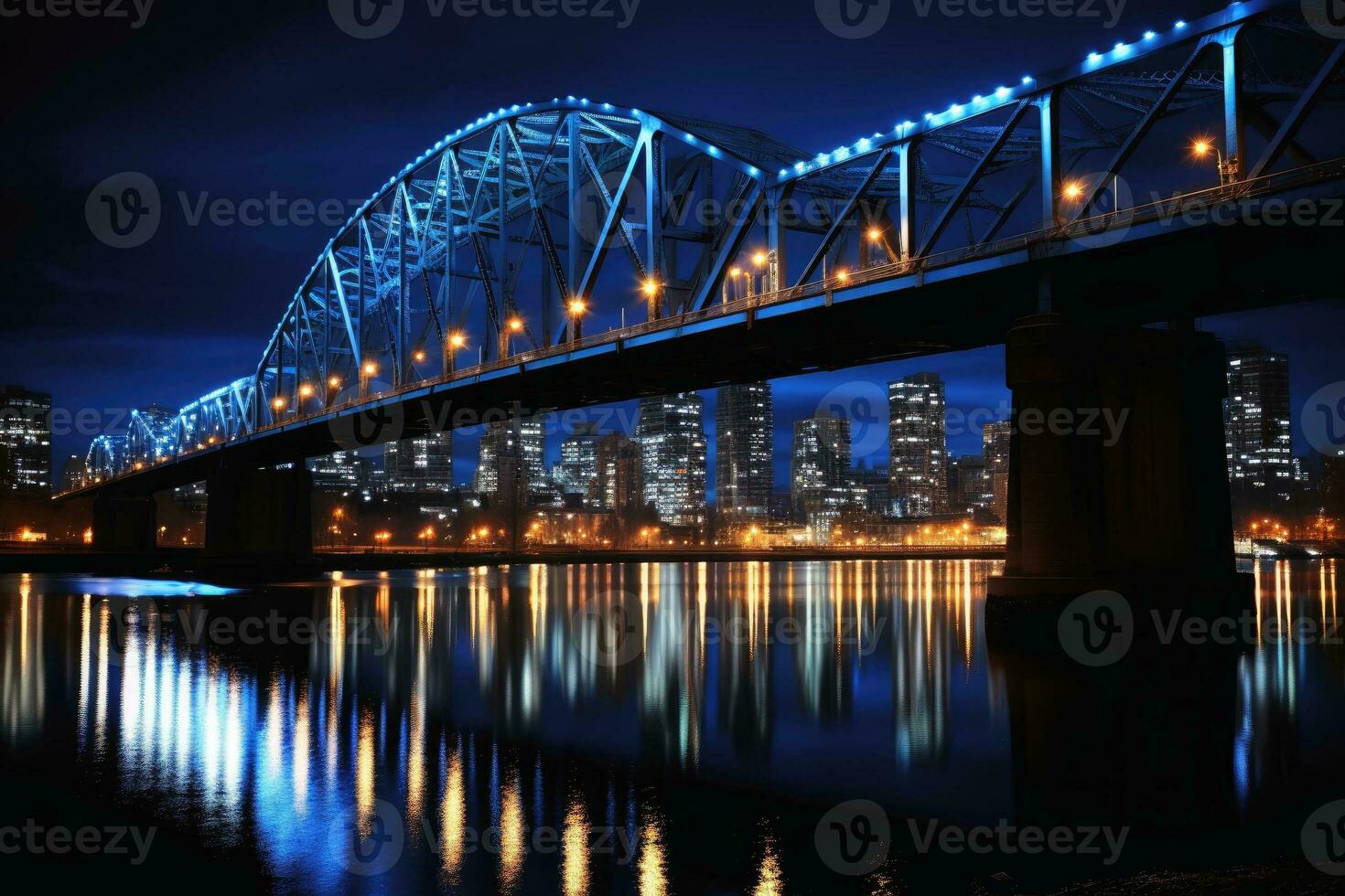 A low angle nightshot of a bridge with a skyline in the background. AI generative photo