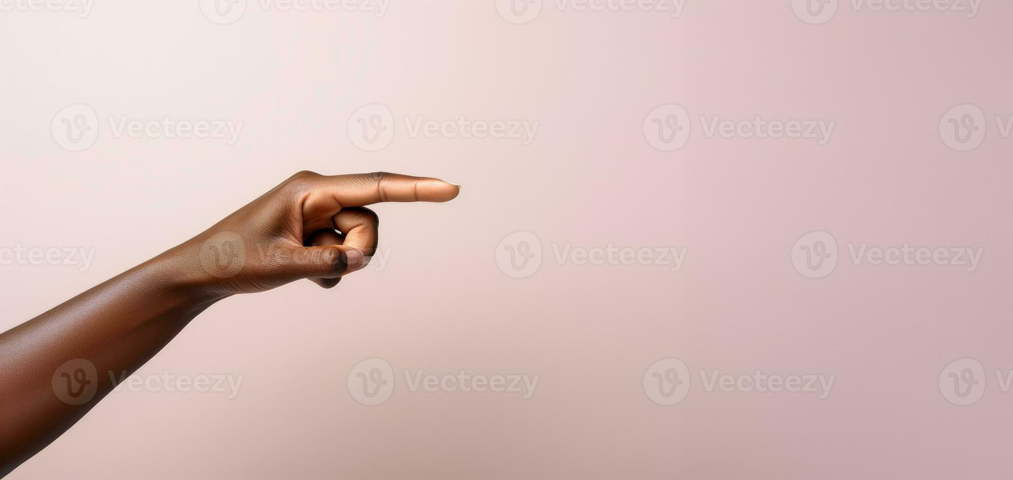 A womans hand pointing to the top in front of a pastel colored background. AI generative photo