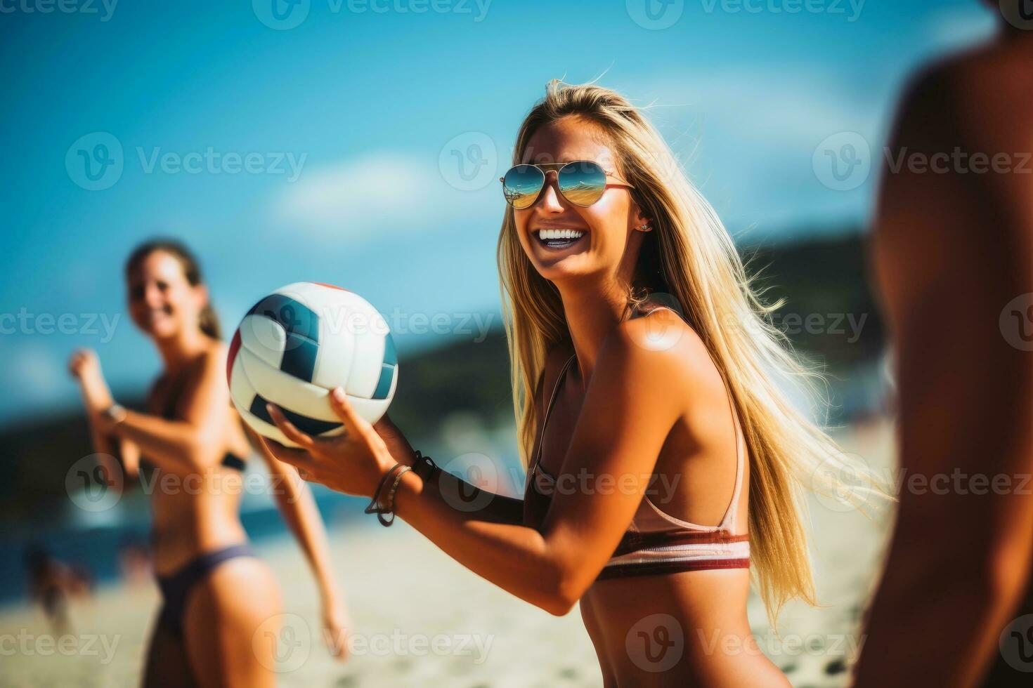 atractivo mujer jugando playa vóleibol en un soleado día. ai generativo foto