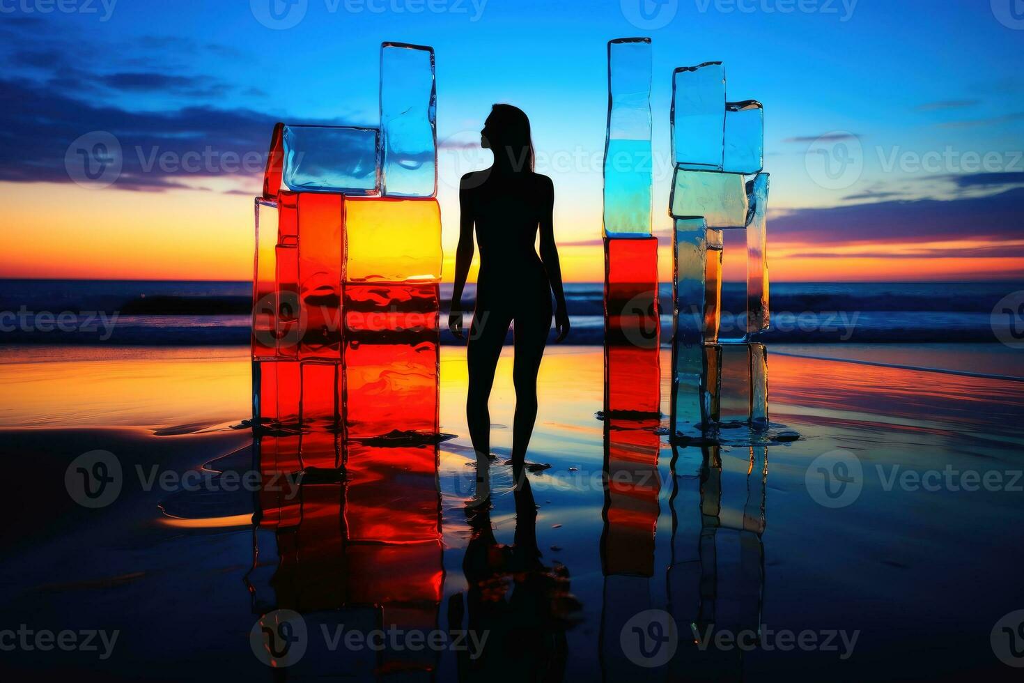 Stained glass of a sensual attractive young woman at a sunset beach.AI generative photo