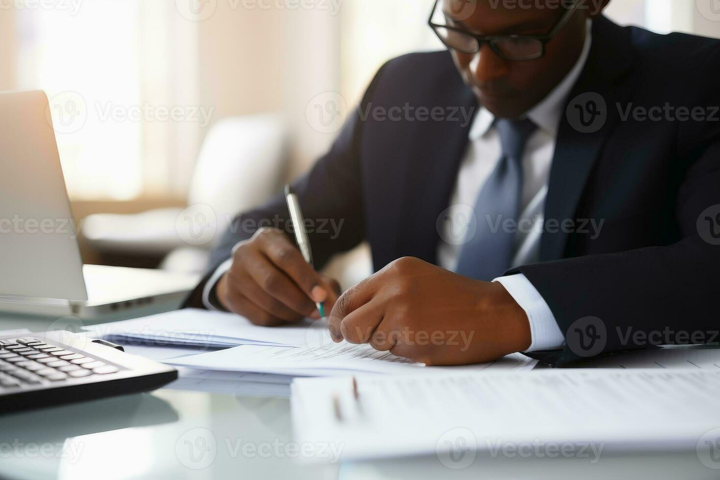 A tax consultant at work at his desk.AI generative photo