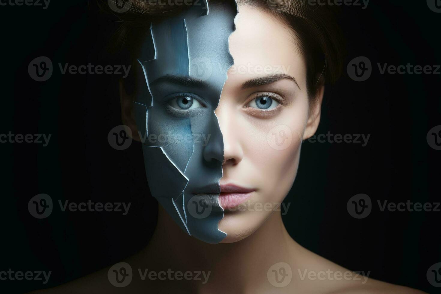 A surreal portrait of a split humans face.AI generative photo