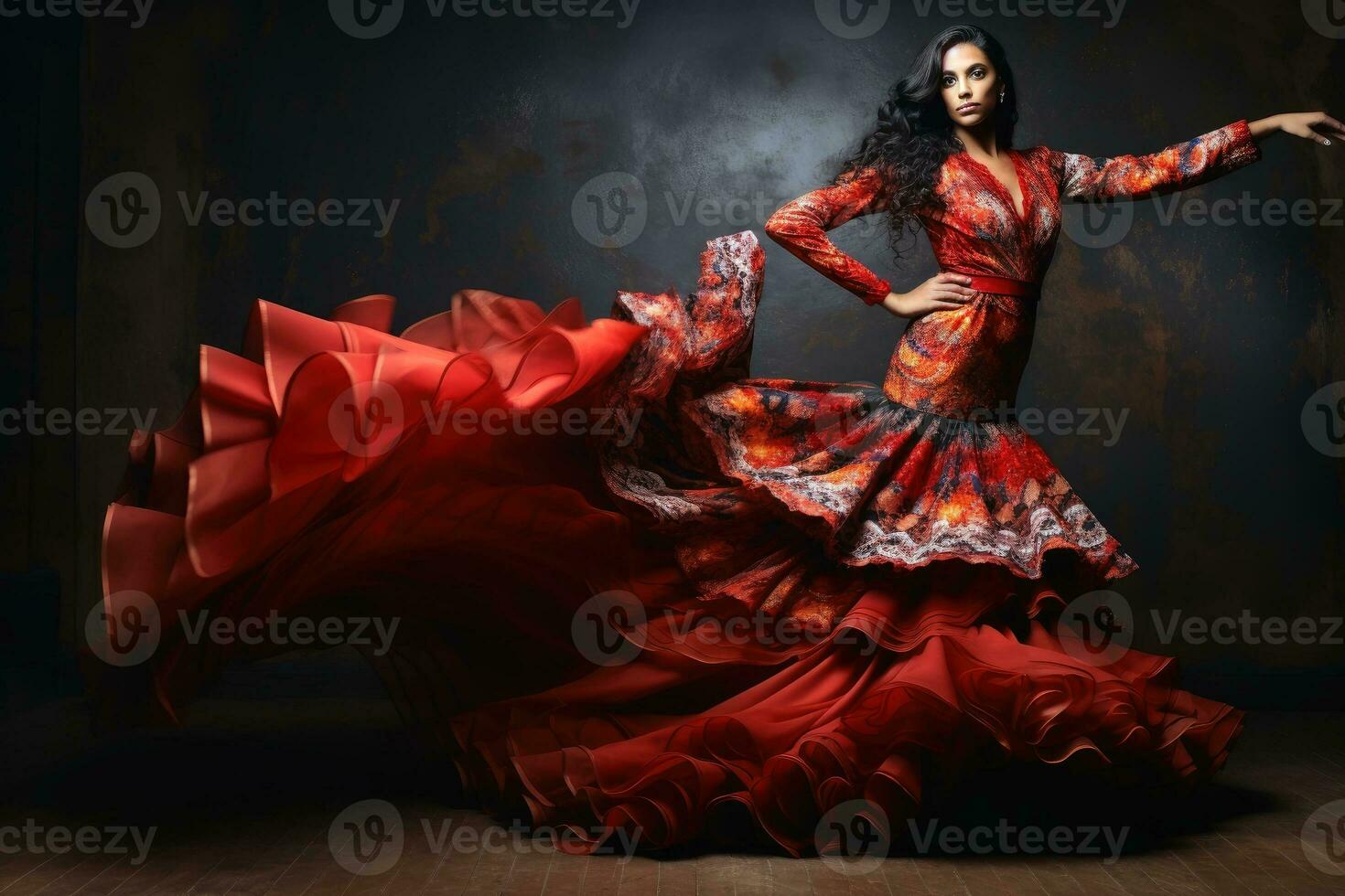 An attractive flamenco dancer in an elaborate dress. AI generative photo