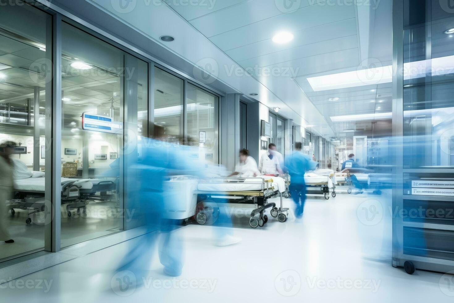 A hospital with working people and motion blur. AI generative photo