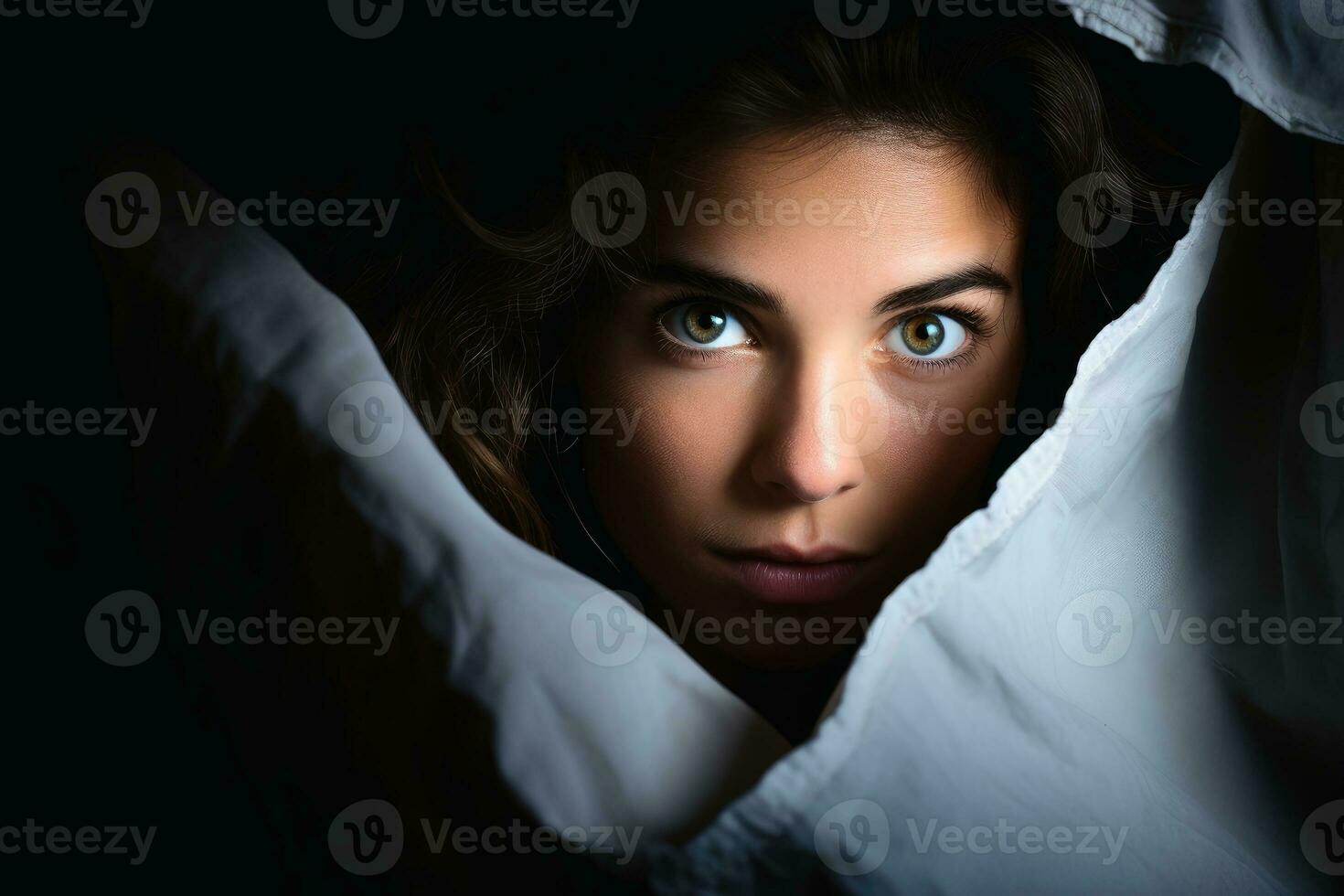 A woman peek a boo with a sensual look at the camera.AI generative photo