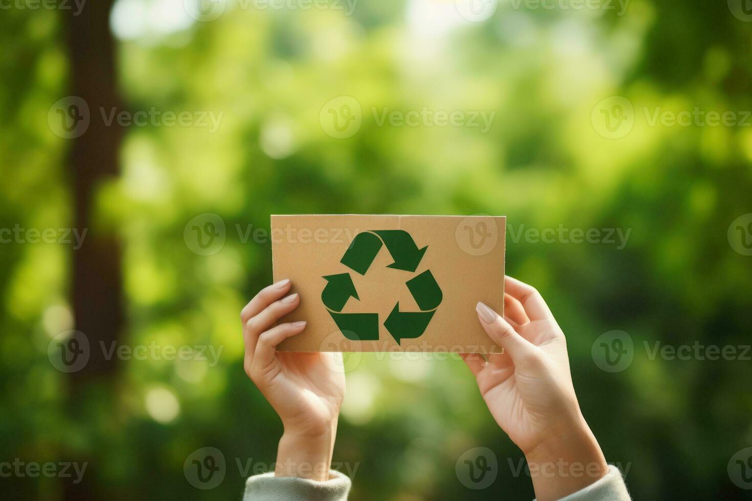 Recycle symbol on hand and bag, sustainable and eco environment concept. Generative AI photo