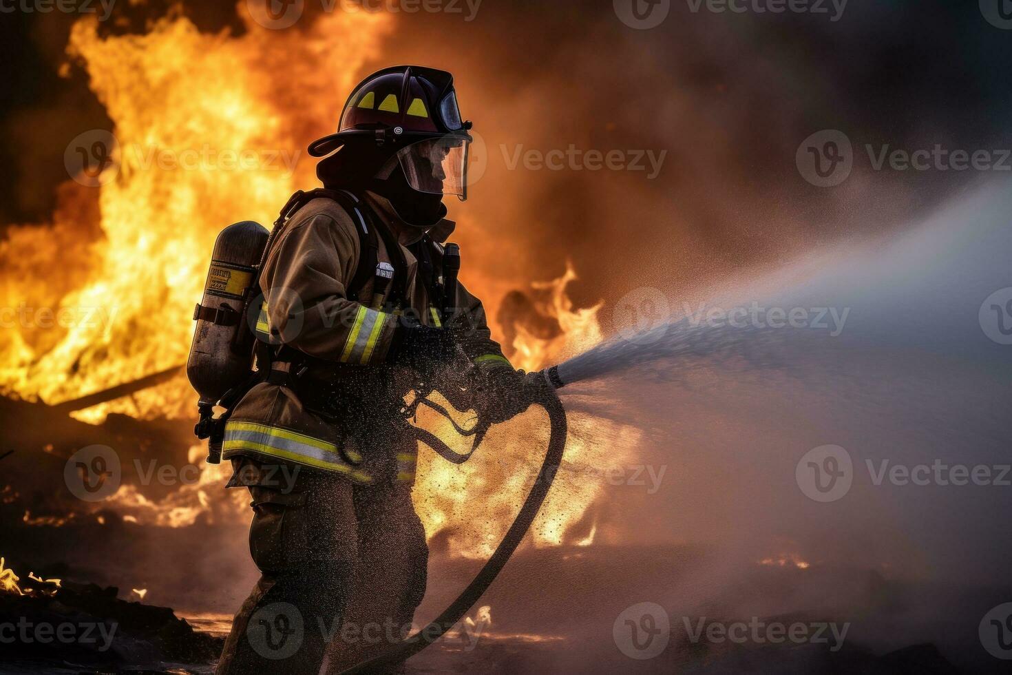 firefighter using water and extinguisher to fighting with fire flame in an emergency, Generative AI photo