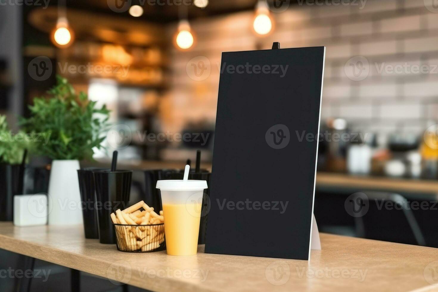 Empty blackboard sign mockup in front of a restaurant. Generative Ai photo