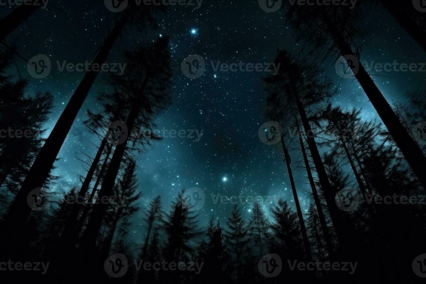 night sky in forest, view of star on night sky through tree brunches. AI Generative photo