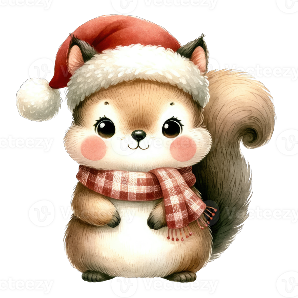 Watercolor Cute Squirrel Wearing A Santa Hat and Scarf AI Generative png