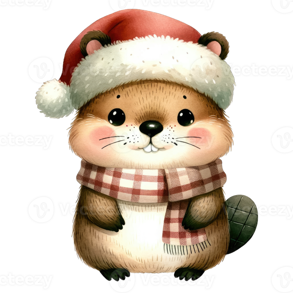 Watercolor Cute Beaver Wearing A Santa Hat and Scarf AI Generative png