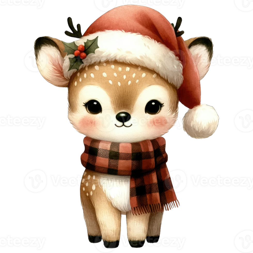 Watercolor Cute Deer Wearing A Santa Hat and Scarf AI Generative png