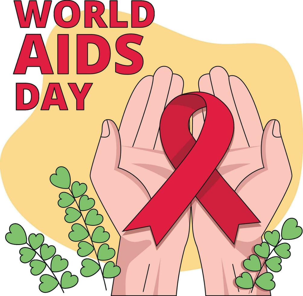 International AIDS Day. Illustration with hands holding red ribbon symbol. Vector graphic.