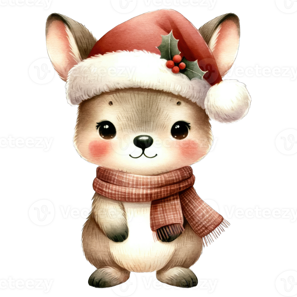 Watercolor Cute Kangaroo Wearing A Santa Hat and Scarf AI Generative png