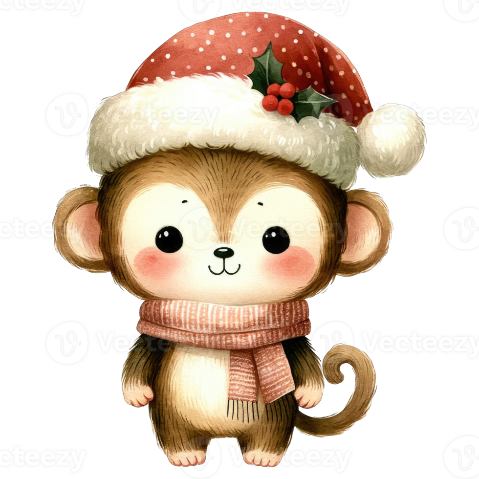 Watercolor Cute Monkey Wearing A Santa Hat and Scarf AI Generative png