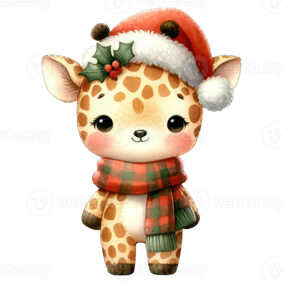 Watercolor Cute Giraffe Wearing A Santa Hat and Scarf AI Generative png