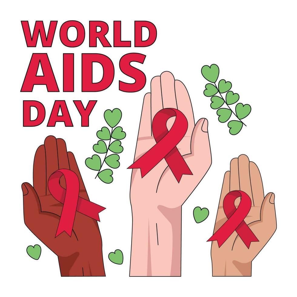 International AIDS Day. Illustration with different hands holding red ribbon symbol. Vector graphic.