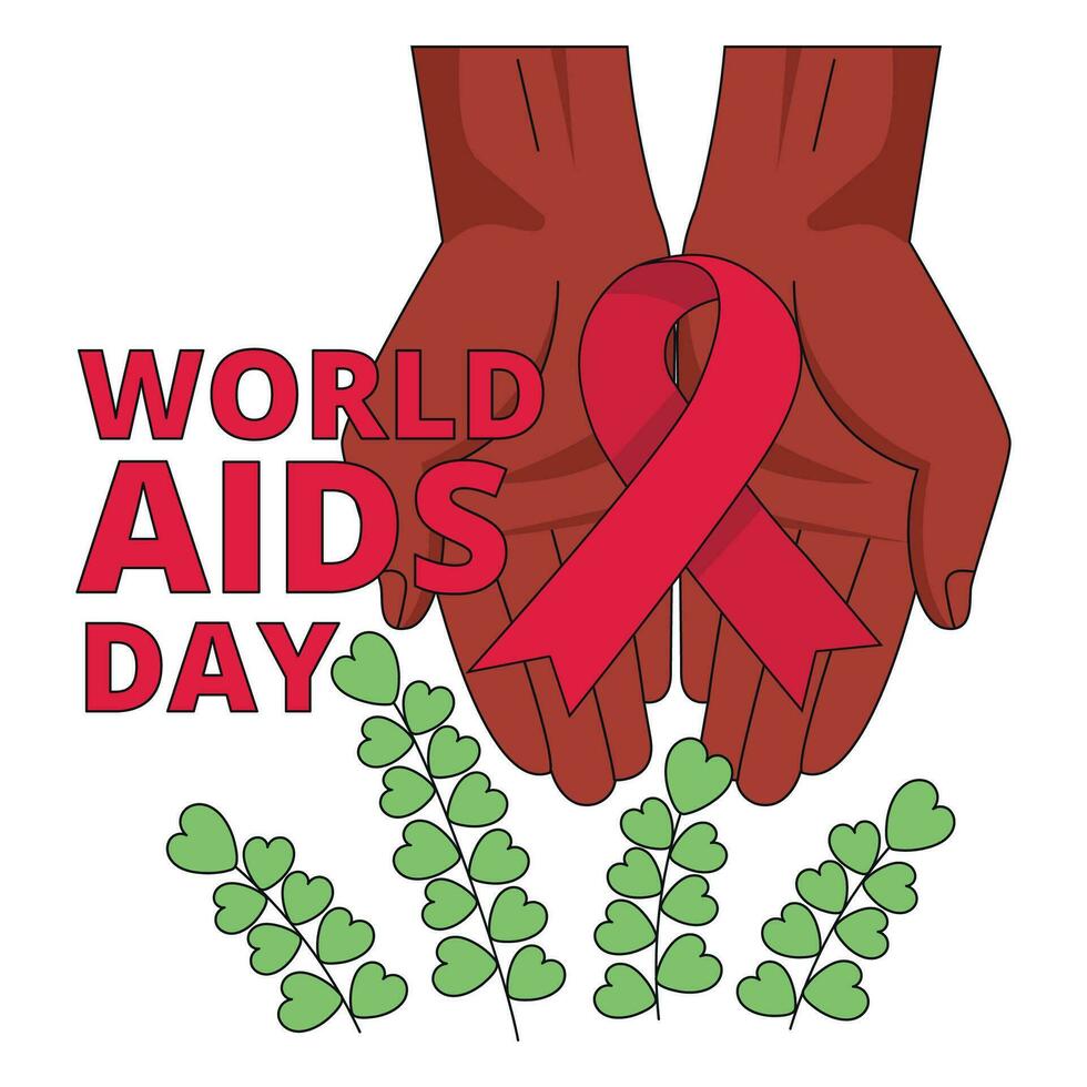 International AIDS Day. Illustration with hands holding red ribbon symbol. Vector graphic.