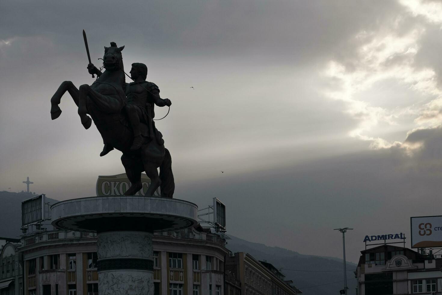 Skopje, North Macedonia - 12 September 2023 - The statue of Alexander the Great with a beam of sunlight shining on it photo