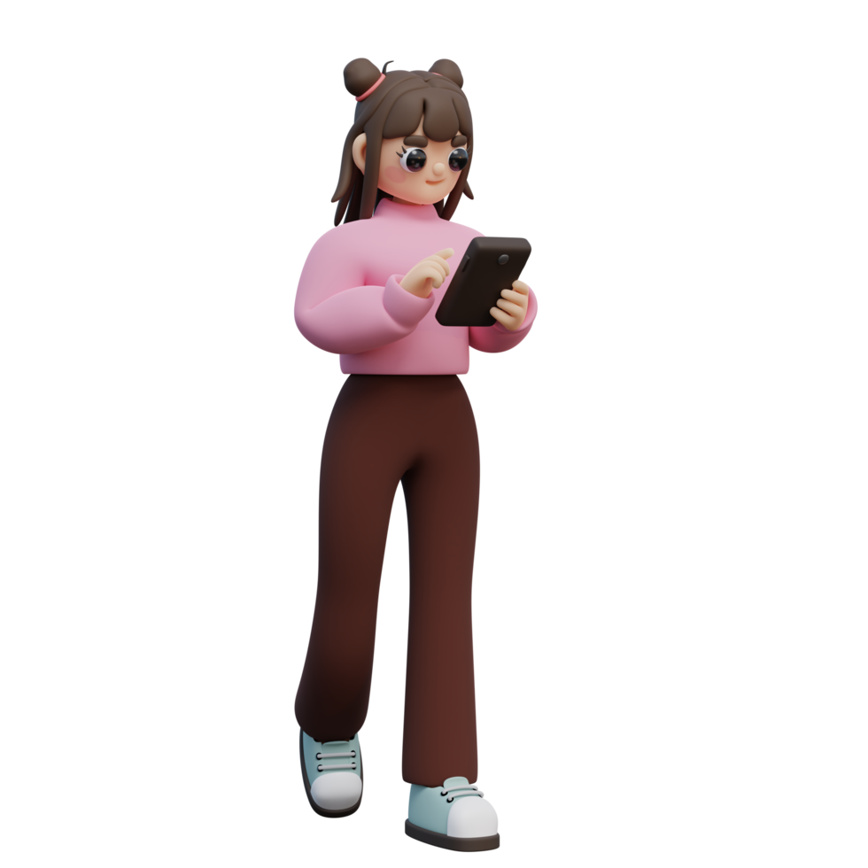3D Illustration of Young Girl Walk and Looking at Smartphone. Character Click with Finger on Screen. png